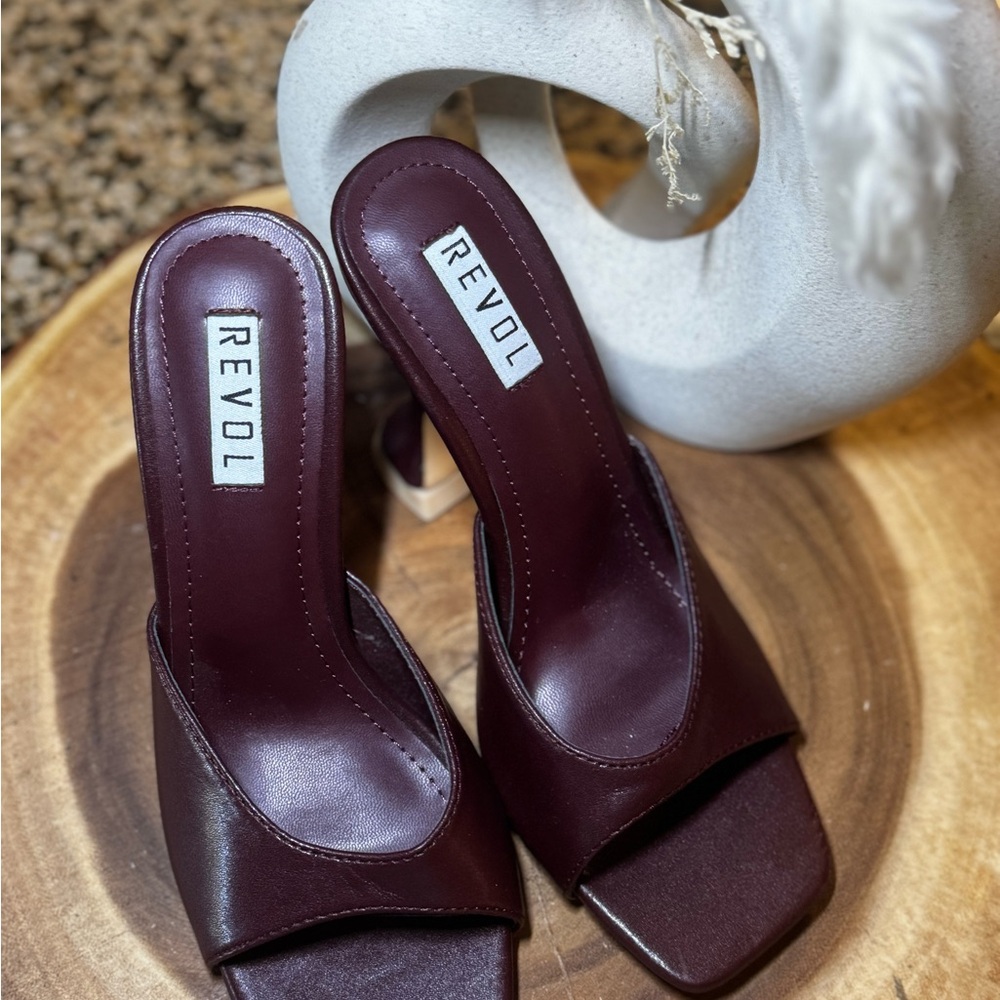 Revo Brown Heeled Mules with Square-Toe Design